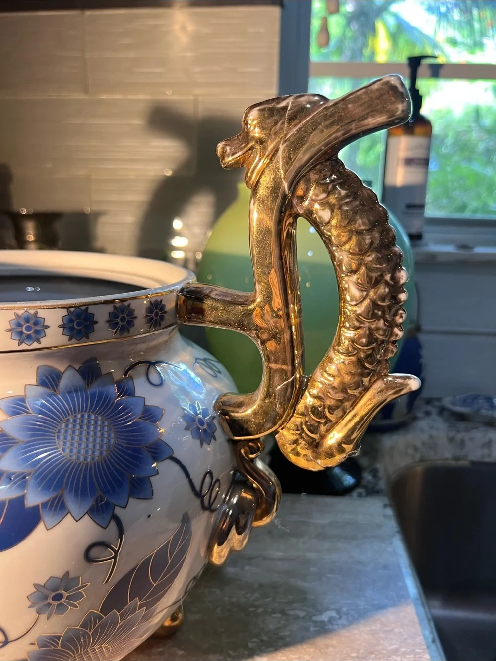 Blue Floral Porcelain Urn with Gold Dragon Handles